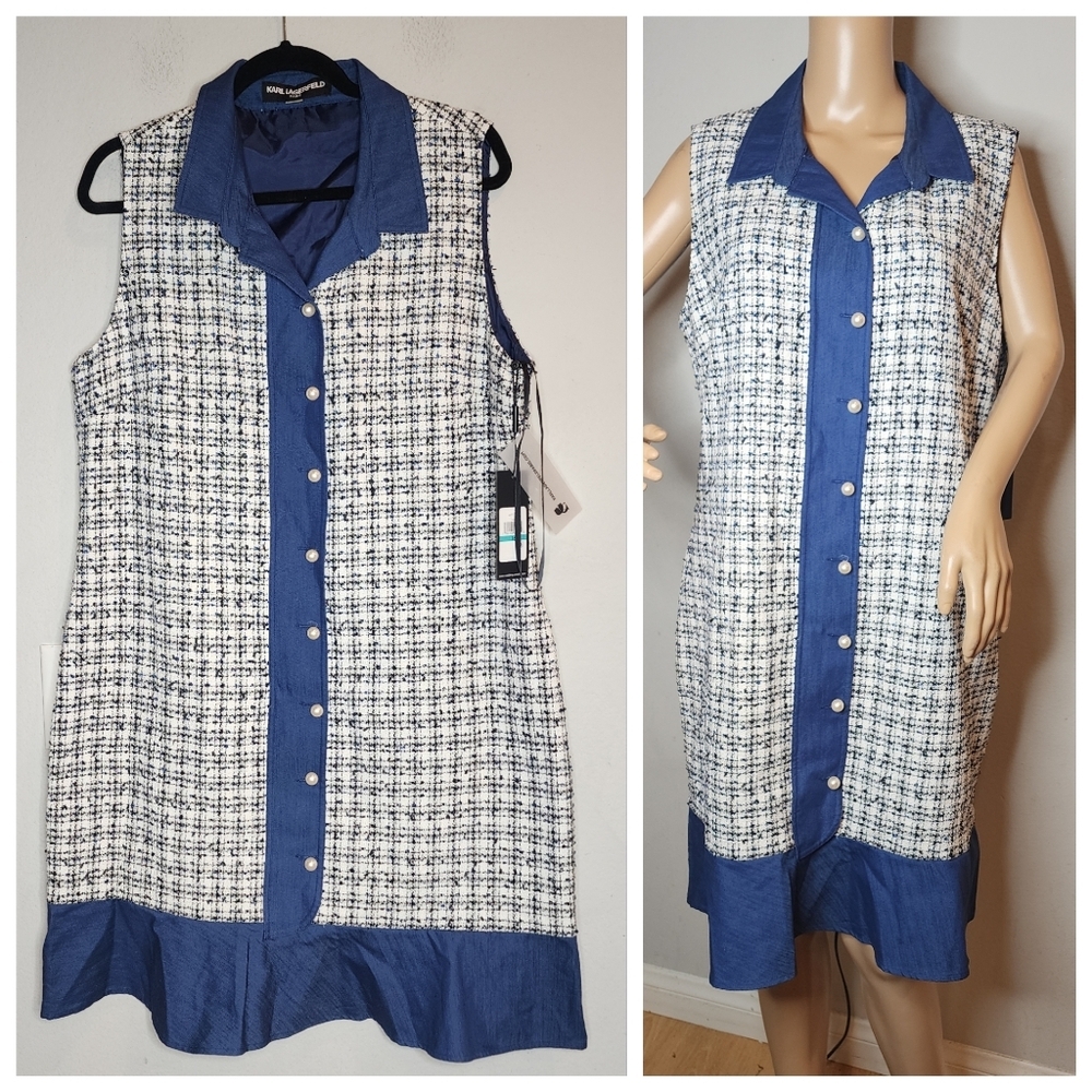 NWT Karl Lagerfeld Tweed Sleeveless Shift Dress Pearl Button Blue White Size 16
